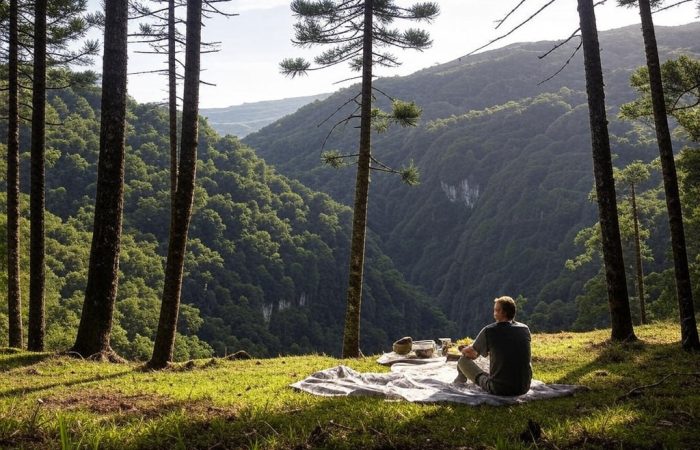 Pessoa fazendo piquenique proximo ao penhasco