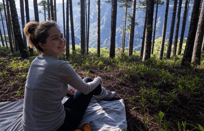 Pessoa fazendo piquenique sob arvores