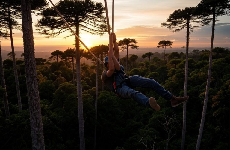 Salto de bungee jump no entardecer